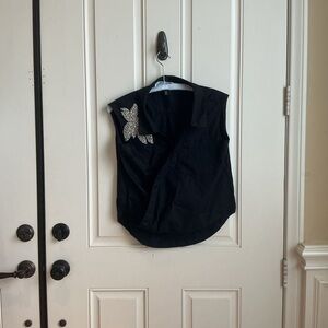 White House Black Market Black Embellished Poplin Surplice Shirt